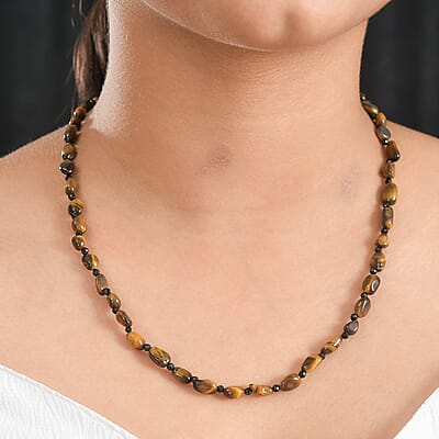 Tiger's Eye and Thai Black Spinel 88.00 ctw Necklace in Stainless Steel 20 Inches