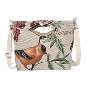 Beige, Bird and Flowers Jacquard Crossbody Bag with Adjustable Shoulder Strap