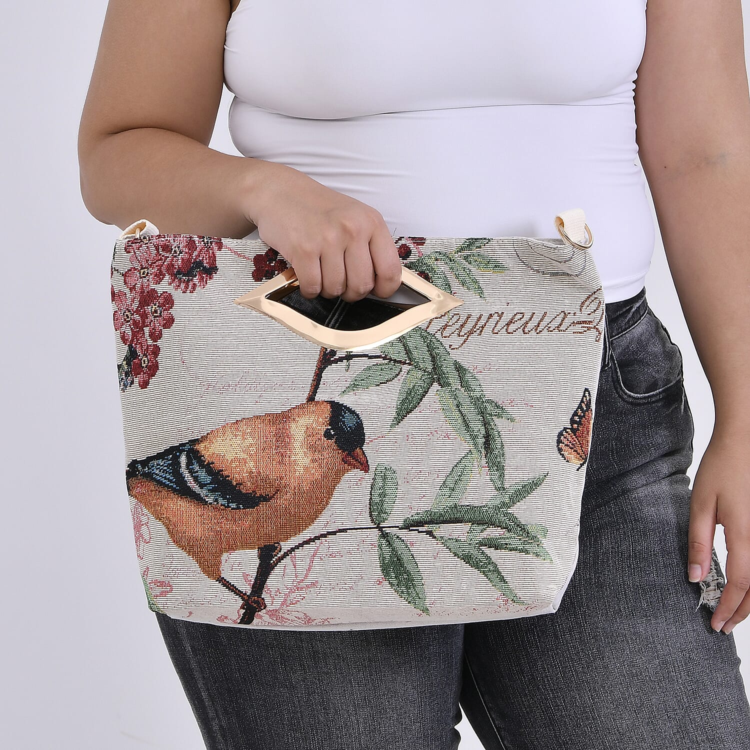 Beige, Bird and Flowers Jacquard Crossbody Bag with Adjustable Shoulder Strap