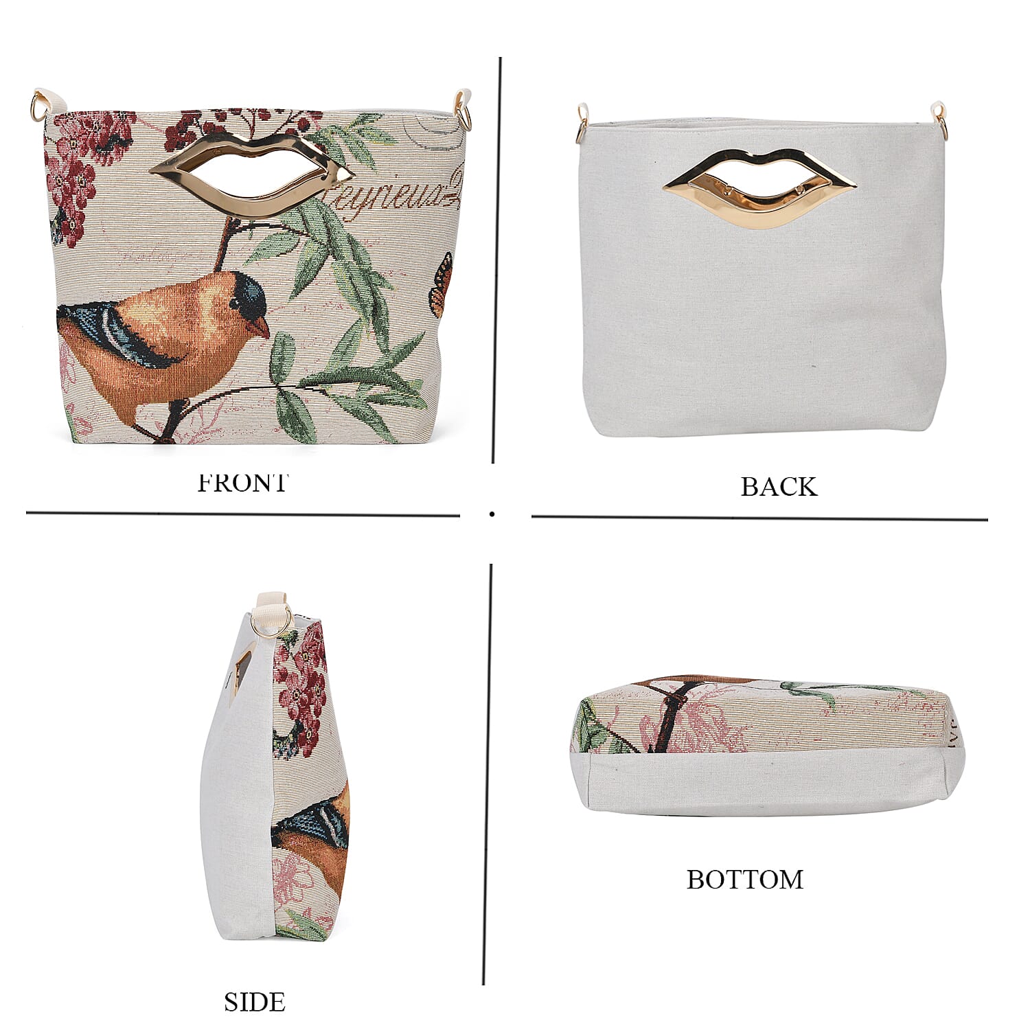 Beige, Bird and Flowers Jacquard Crossbody Bag with Adjustable Shoulder Strap