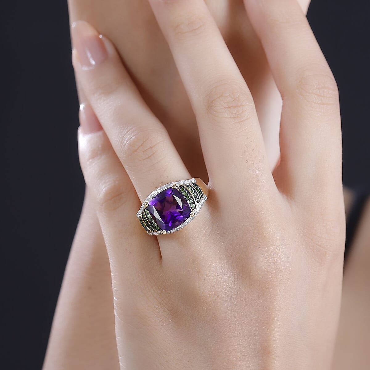 Zambian Amethyst and Multi Gemstone 5.85 ctw Stairs Ring in 18K Vermeil Yellow Gold Over Sterling Silver (Size 10.0) image number 2
