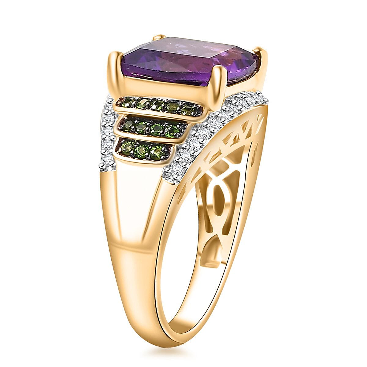 Zambian Amethyst and Multi Gemstone 5.85 ctw Stairs Ring in 18K Vermeil Yellow Gold Over Sterling Silver (Size 10.0) image number 3