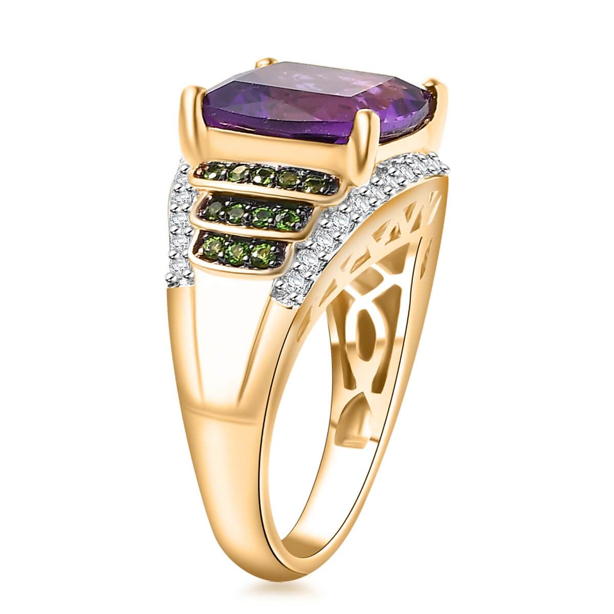 Zambian Amethyst and Multi Gemstone 5.85 ctw Stairs Ring in 18K Vermeil Yellow Gold Over Sterling Silver (Size 5.0) image number 3