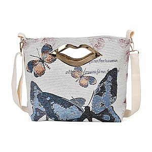 Beige with Blue Butterfly Jacquard Crossbody Bag with Adjustable Shoulder Strap