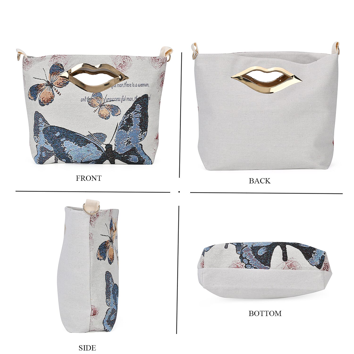 Beige with Blue Butterfly Jacquard Crossbody Bag with Adjustable Shoulder Strap