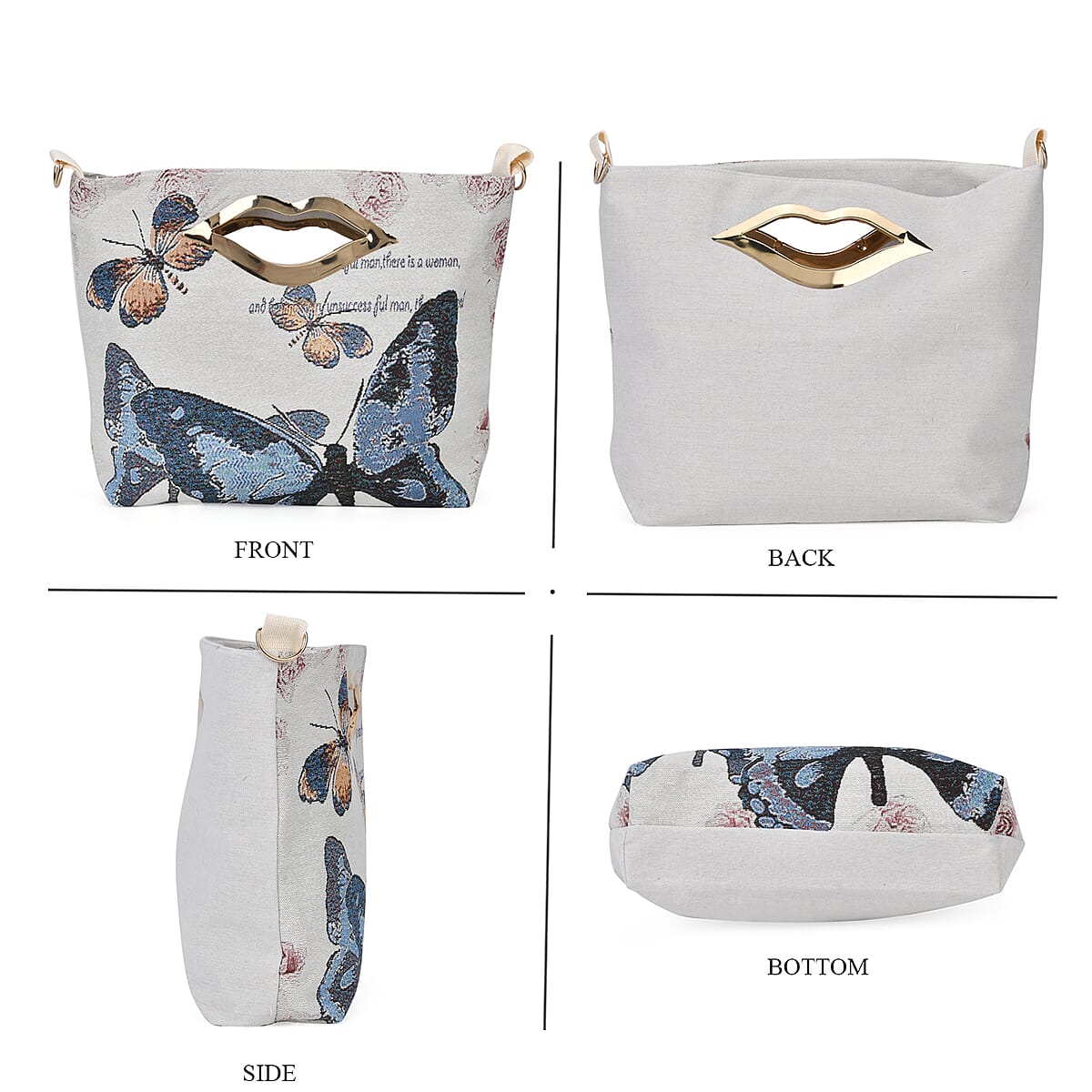 Beige with Blue Butterfly Jacquard Crossbody Bag with Adjustable Shoulder Strap image number 3