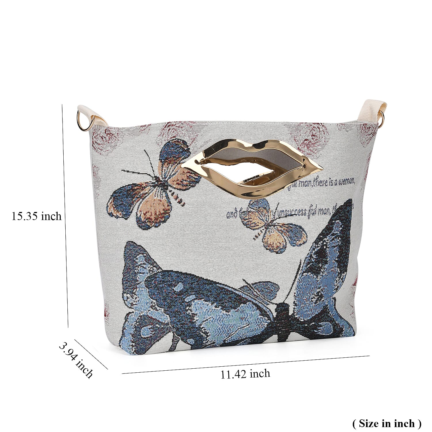 Beige with Blue Butterfly Jacquard Crossbody Bag with Adjustable Shoulder Strap