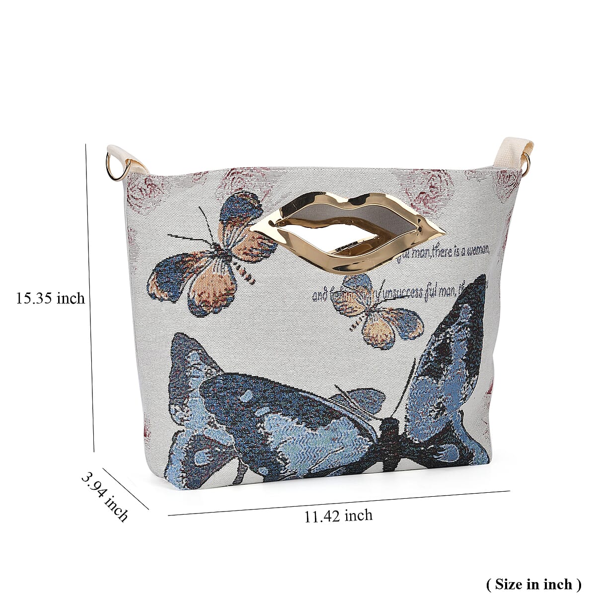 Beige with Blue Butterfly Jacquard Crossbody Bag with Adjustable Shoulder Strap image number 5