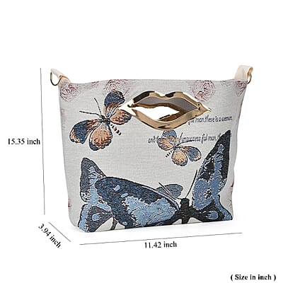 Beige with Blue Butterfly Jacquard Crossbody Bag with Adjustable Shoulder Strap
