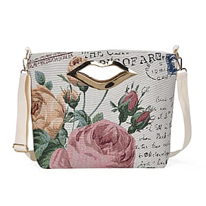 Beige with Pink Rose Jacquard Crossbody Bag with Adjustable Shoulder Strap