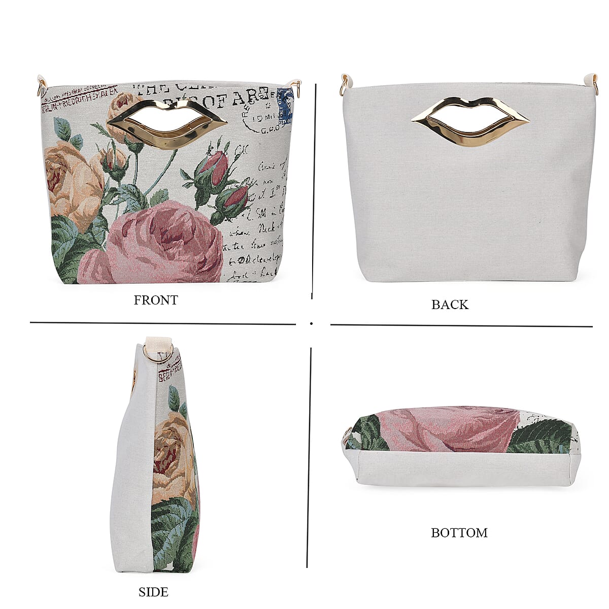Beige with Pink Rose Jacquard Crossbody Bag with Adjustable Shoulder Strap image number 3