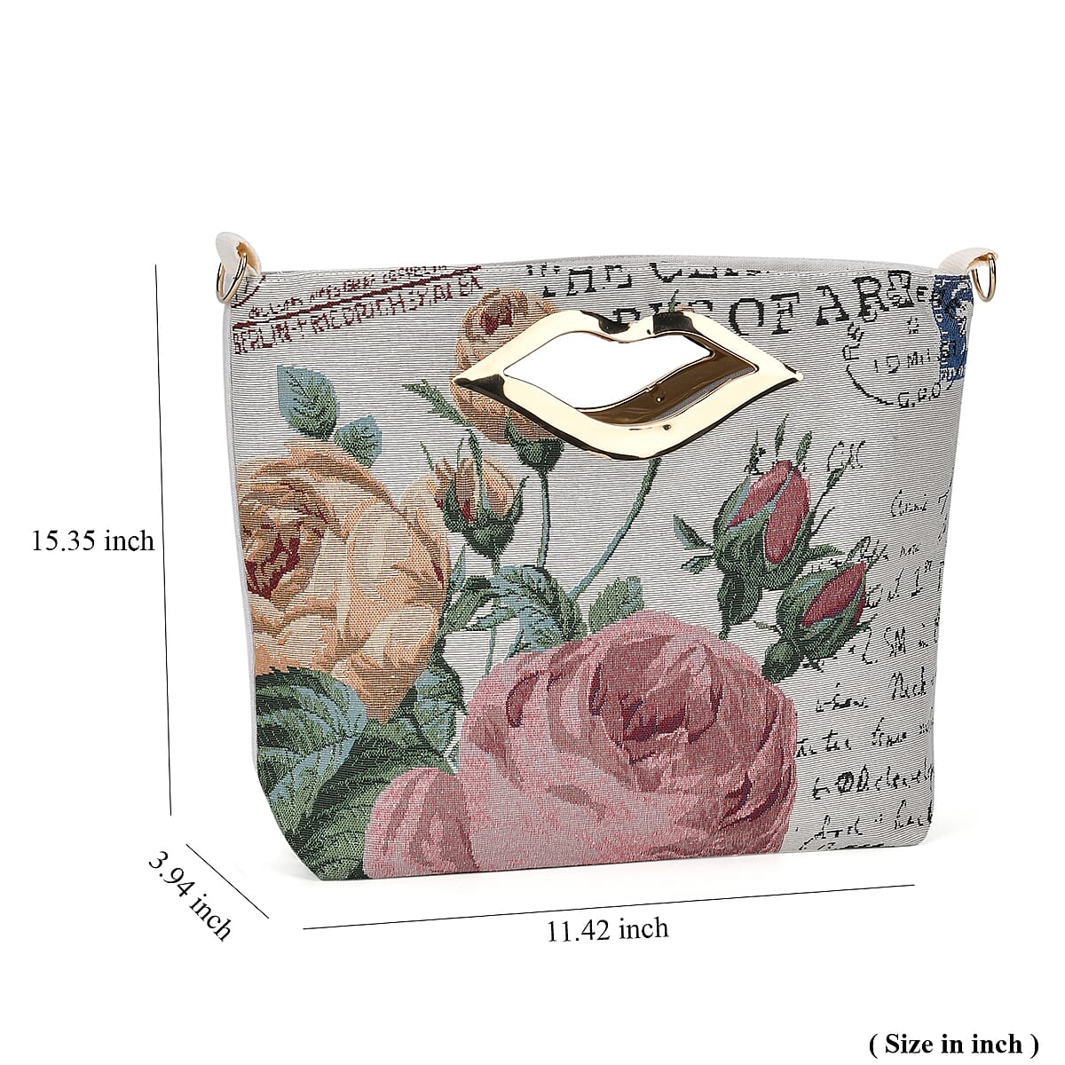 Beige with Pink Rose Jacquard Crossbody Bag with Adjustable Shoulder Strap image number 5