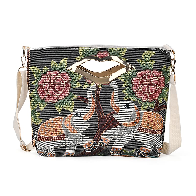 Black, Two Elephant Jacquard Crossbody Bag with Adjustable Shoulder Strap