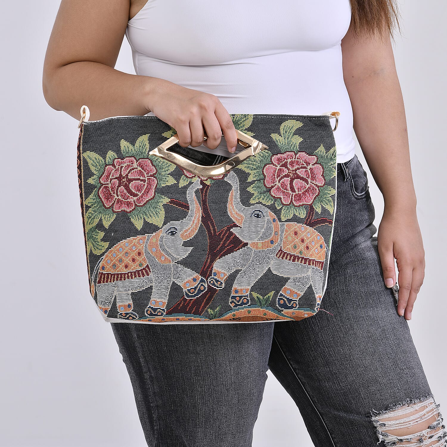 Black, Two Elephant Jacquard Crossbody Bag with Adjustable Shoulder Strap