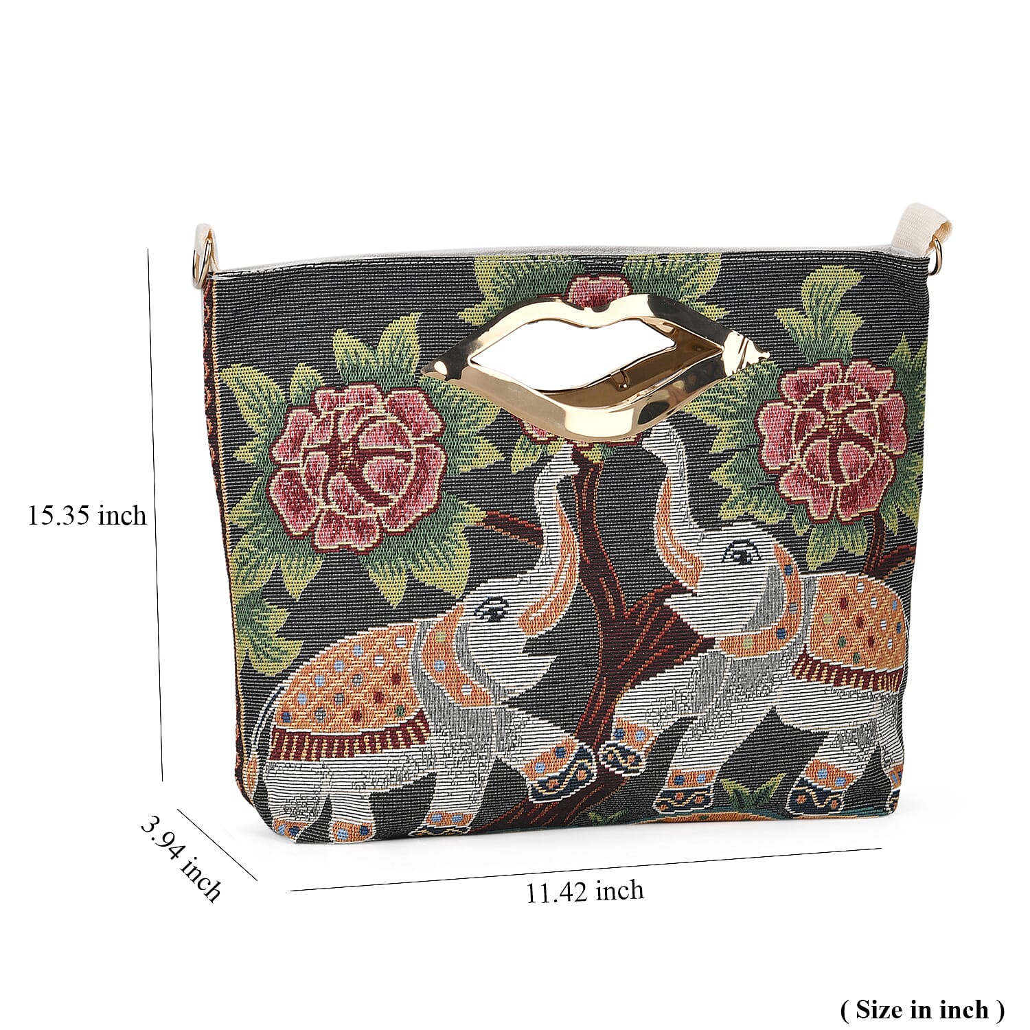 Black, Two Elephant Jacquard Crossbody Bag with Adjustable Shoulder Strap