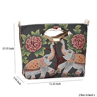Black, Two Elephant Jacquard Crossbody Bag with Adjustable Shoulder Strap