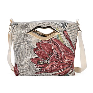 Beige Eiffle Tower with a Flower Jacquard Crossbody Bag with Adjustable Shoulder Strap