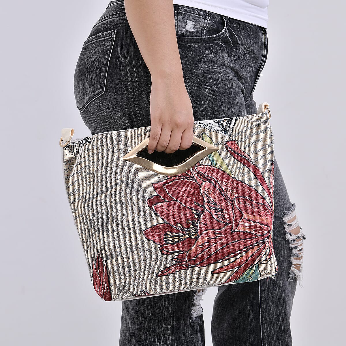 Beige Eiffle Tower with a Flower Jacquard Crossbody Bag with Adjustable Shoulder Strap image number 2