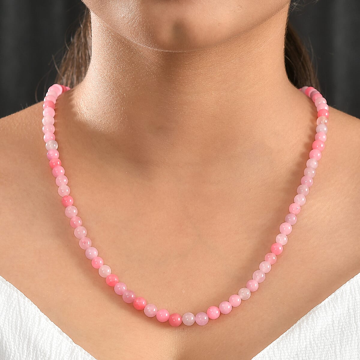 Pink Jade (D) 155.00 ctw Beaded Necklace in Stainless Steel 20 Inches image number 2