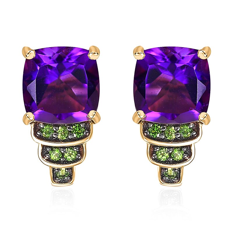 D'Joy Zambian Amethyst and Multi Gemstone 3.10 ctw J-Hoop Stairs Earrings in 18K Vermeil Yellow Gold Over Sterling Silver