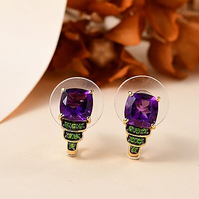 D'Joy Zambian Amethyst and Multi Gemstone 3.10 ctw J-Hoop Stairs Earrings in 18K Vermeil Yellow Gold Over Sterling Silver