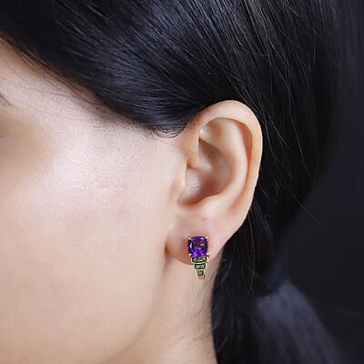 D'Joy Zambian Amethyst and Multi Gemstone 3.10 ctw J-Hoop Stairs Earrings in 18K Vermeil Yellow Gold Over Sterling Silver
