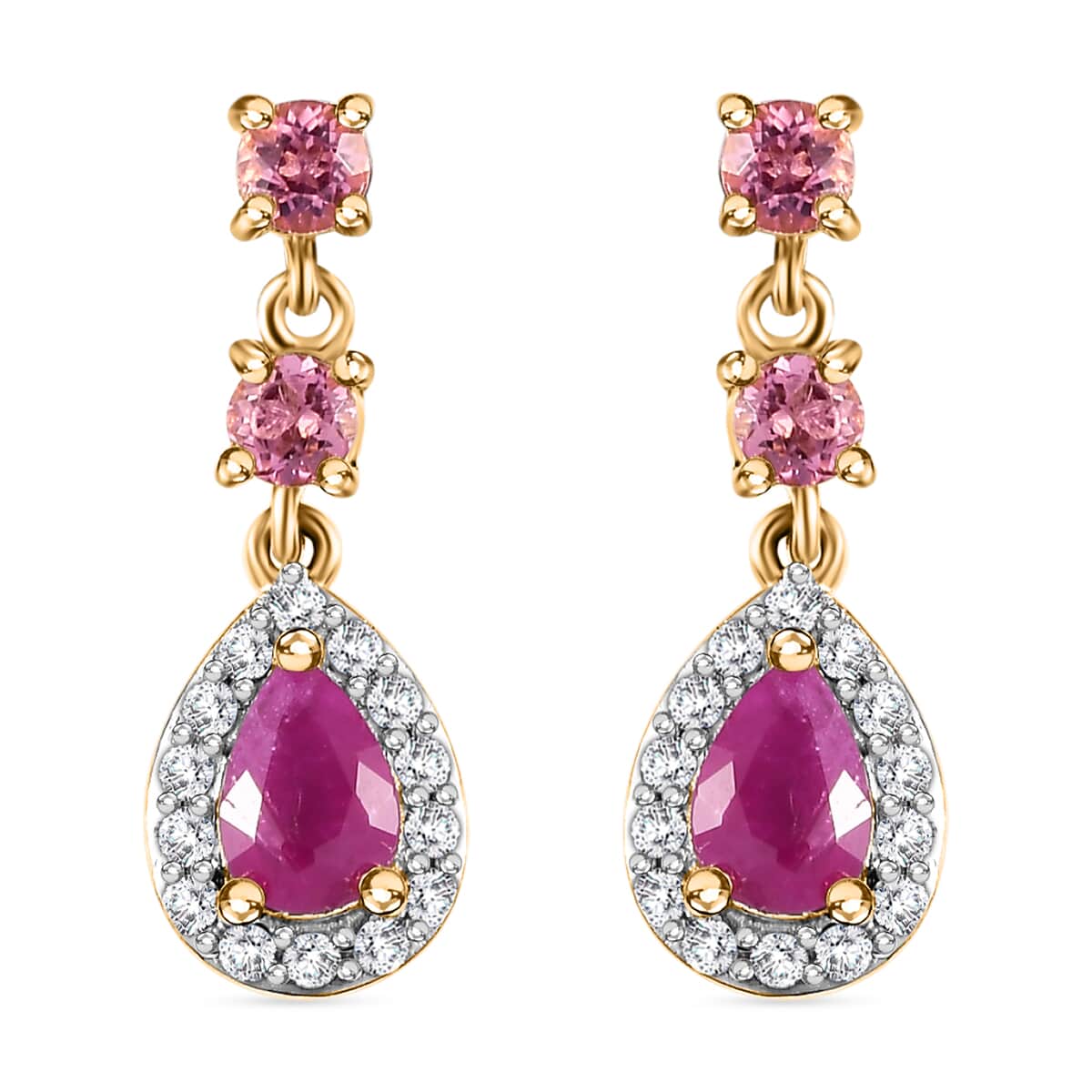 Premium Royal Ruby and Multi Gemstone 1.85 ctw Halo Drop Earrings in 18K Vermeil Yellow Gold Over Sterling Silver image number 0