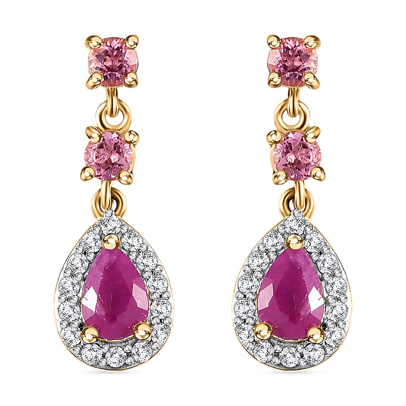 Premium Royal Ruby and Multi Gemstone 1.85 ctw Halo Drop Earrings in 18K Vermeil Yellow Gold Over Sterling Silver