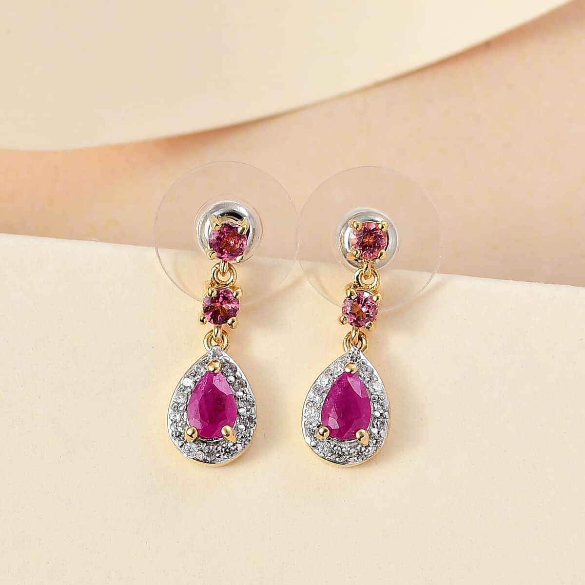 Premium Royal Ruby and Multi Gemstone 1.85 ctw Halo Drop Earrings in 18K Vermeil Yellow Gold Over Sterling Silver image number 1