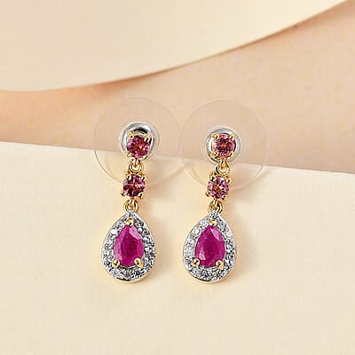 Premium Royal Ruby and Multi Gemstone 1.85 ctw Halo Drop Earrings in 18K Vermeil Yellow Gold Over Sterling Silver