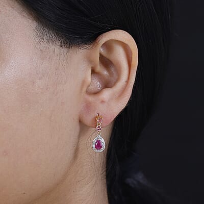 Premium Royal Ruby and Multi Gemstone 1.85 ctw Halo Drop Earrings in 18K Vermeil Yellow Gold Over Sterling Silver