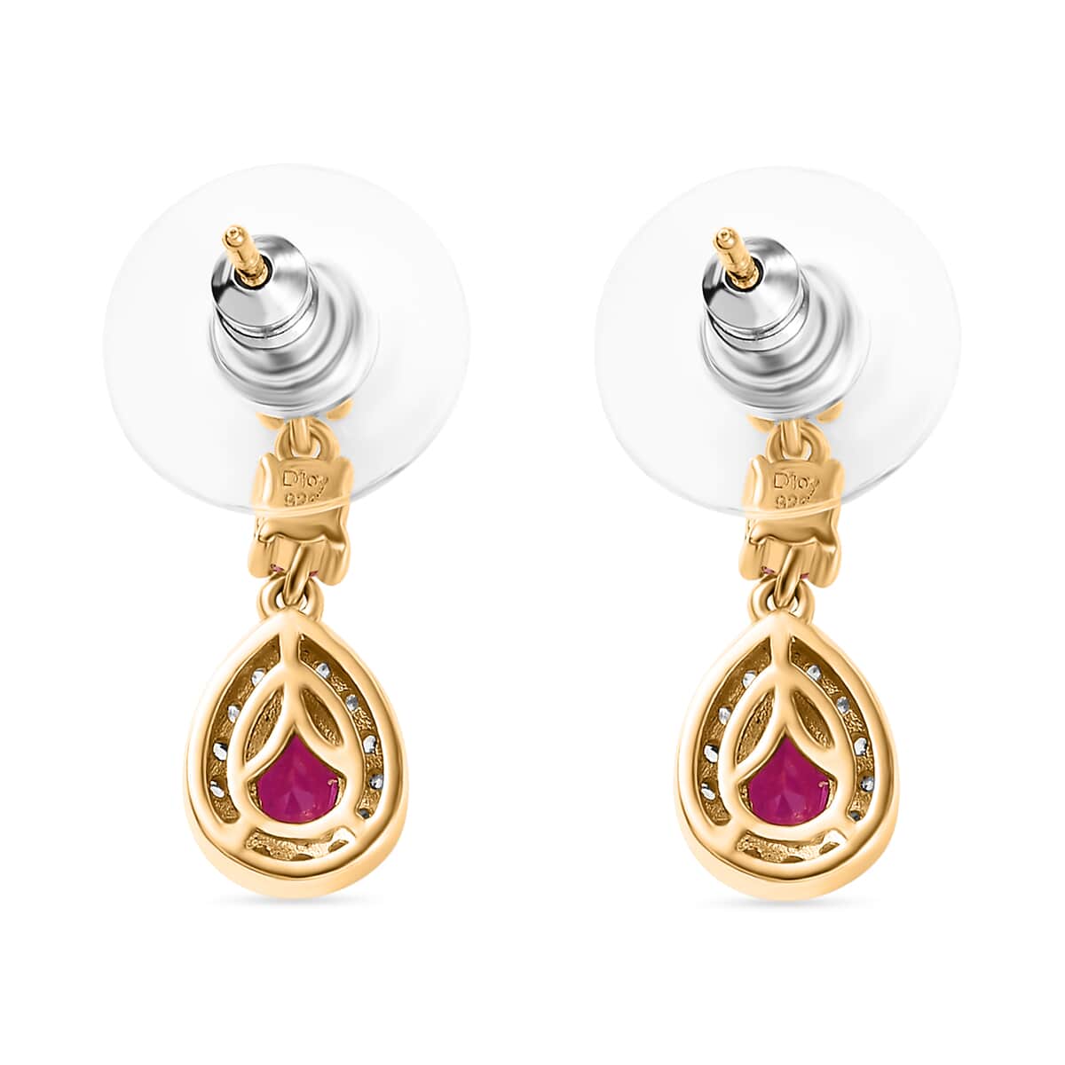 Premium Royal Ruby and Multi Gemstone 1.85 ctw Halo Drop Earrings in 18K Vermeil Yellow Gold Over Sterling Silver image number 3