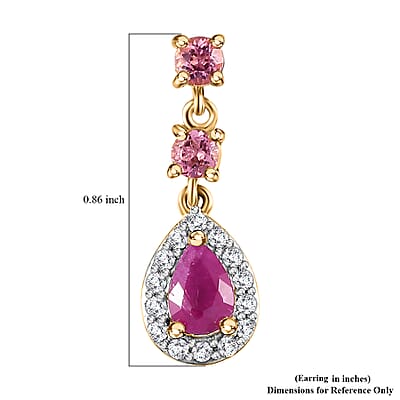 Premium Royal Ruby and Multi Gemstone 1.85 ctw Halo Drop Earrings in 18K Vermeil Yellow Gold Over Sterling Silver