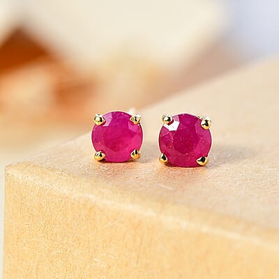 D'Joy Premium Royal Ruby 1.35 ctw Solitaire Stud Earrings in 18K Vermeil YG Over Sterling Silver
