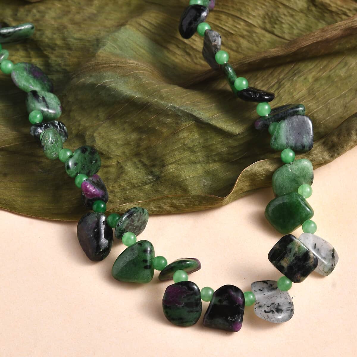 Karis Ruby Zoisite and Green Jade (D) 190.00 ctw Necklace in Platinum Bond 20 Inches image number 1