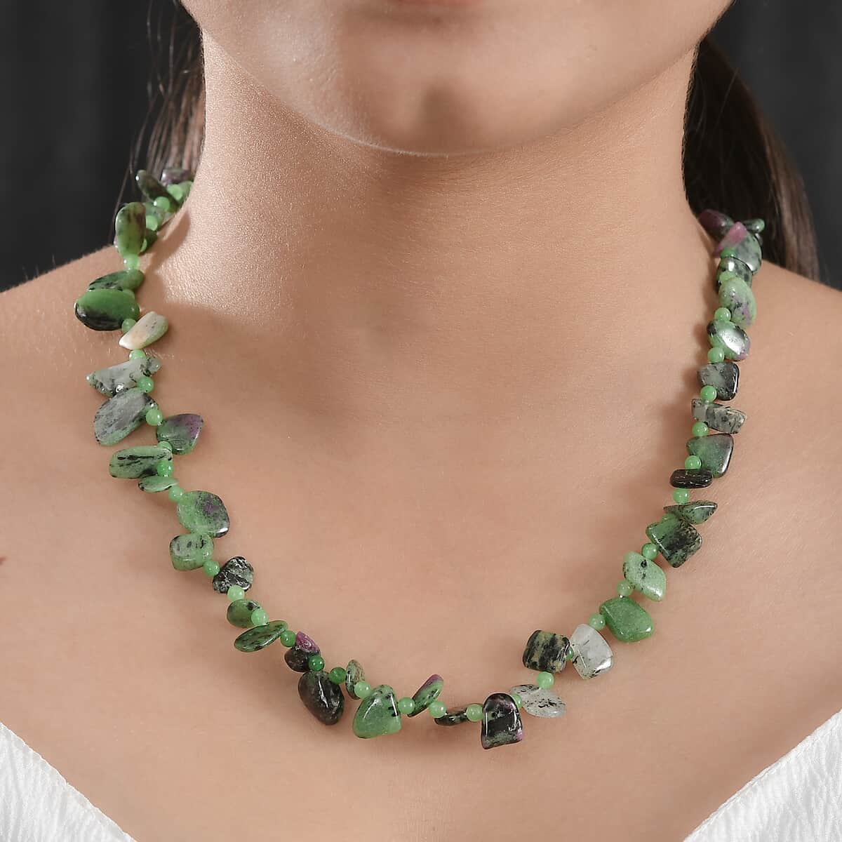 Karis Ruby Zoisite and Green Jade (D) 190.00 ctw Necklace in Platinum Bond 20 Inches image number 2