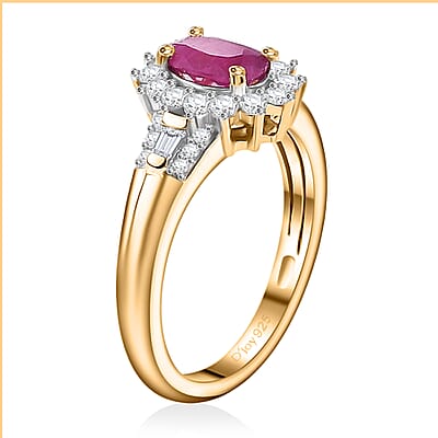 Premium Royal Ruby and White Zircon 1.70 ctw Blossom of The Sun Ring in 18K Vermeil Yellow Gold Over Sterling Silver (Size 10.0)