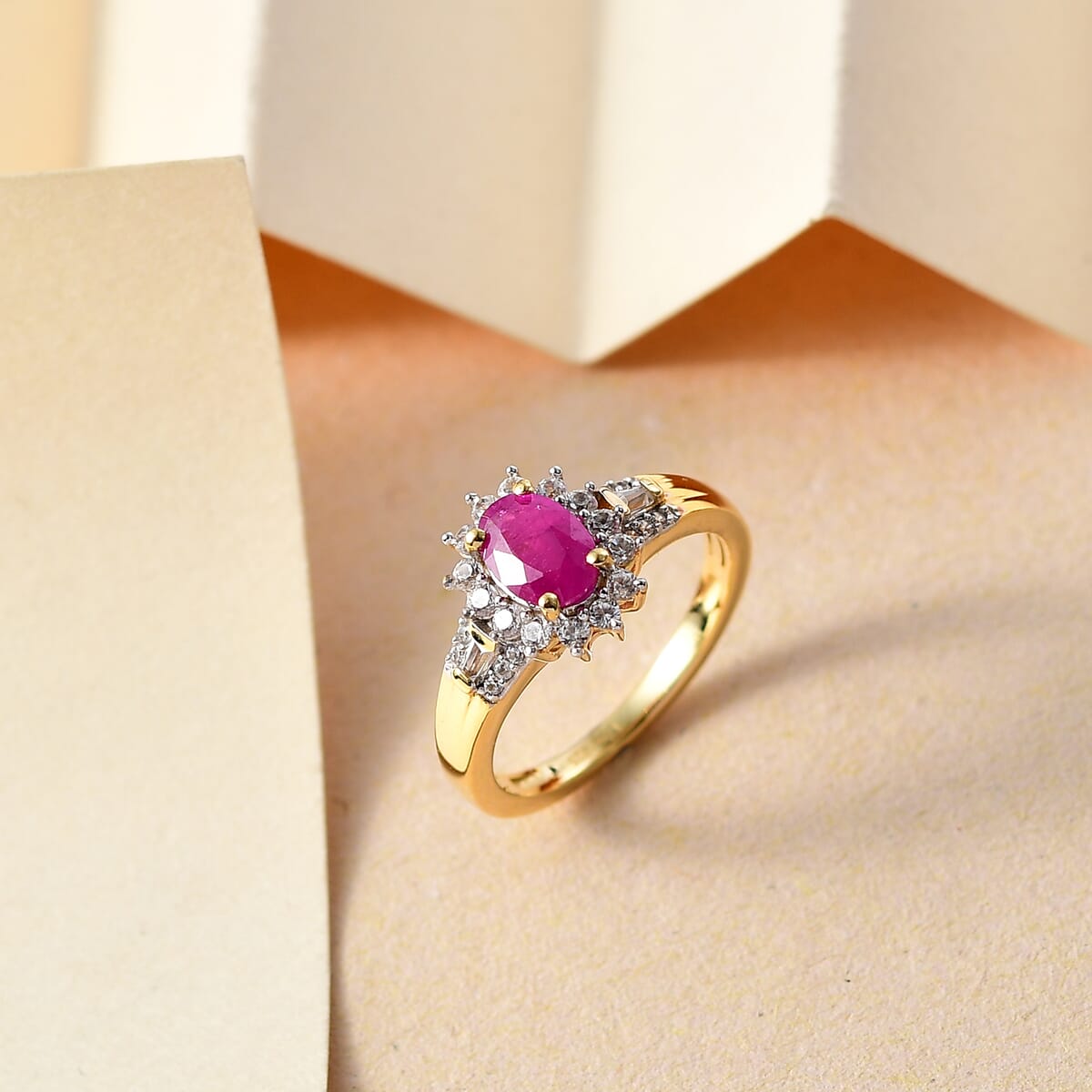 Premium Royal Ruby and White Zircon 1.70 ctw Blossom of The Sun Ring in 18K Vermeil Yellow Gold Over Sterling Silver (Size 7.0) image number 1