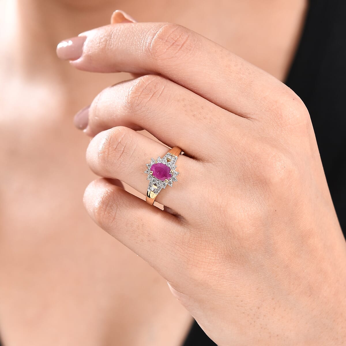 Premium Royal Ruby and White Zircon 1.70 ctw Blossom of The Sun Ring in 18K Vermeil Yellow Gold Over Sterling Silver (Size 7.0) image number 2