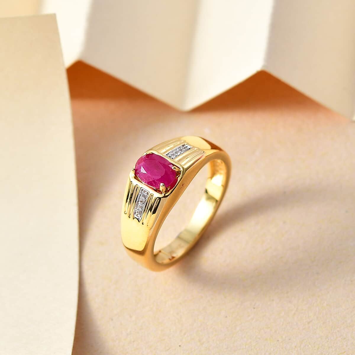 Premium Royal Ruby and White Zircon 1.15 ctw Men's Ring in 18K Vermeil Yellow Gold Over Sterling Silver (Size 10.0) image number 1