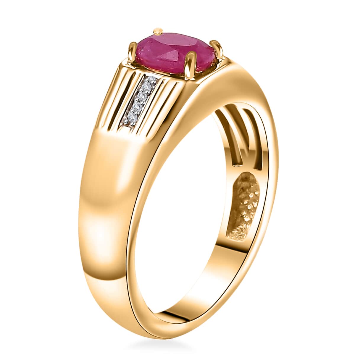 Premium Royal Ruby and White Zircon 1.15 ctw Men's Ring in 18K Vermeil Yellow Gold Over Sterling Silver (Size 10.0) image number 3