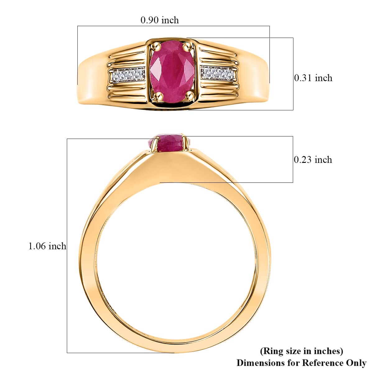 Premium Royal Ruby and White Zircon 1.15 ctw Men's Ring in 18K Vermeil Yellow Gold Over Sterling Silver (Size 10.0) image number 5