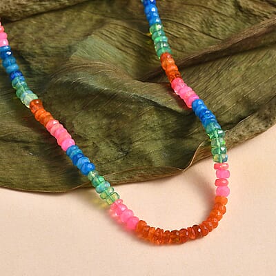 Multi Opal (D) 40.00 ctw Beaded Necklace in Rhodium Over Sterling Silver 18 Inches