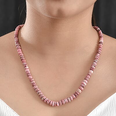 Norwegian Thulite 40.00 ctw Beaded Necklace in Rhodium Over Sterling Silver 18 Inches