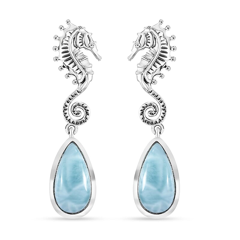 Premium Larimar 7.90 ctw Seahorse Earrings in Black Oxidized Sterling Silver