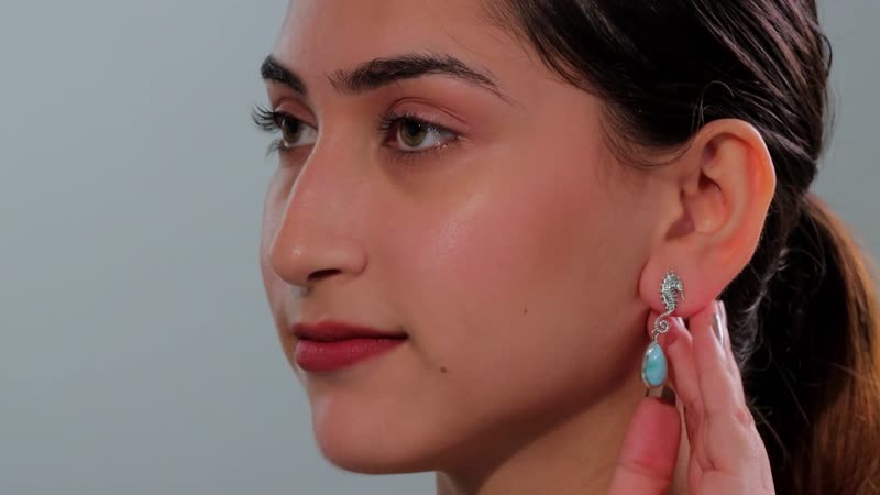 Premium Larimar 7.90 ctw Seahorse Earrings in Black Oxidized Sterling Silver