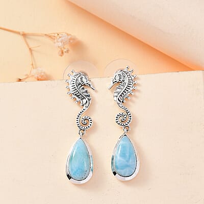 Premium Larimar 7.90 ctw Seahorse Earrings in Black Oxidized Sterling Silver