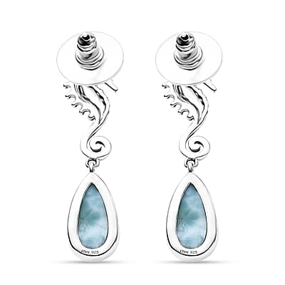 Premium Larimar 7.90 ctw Seahorse Earrings in Black Oxidized Sterling Silver