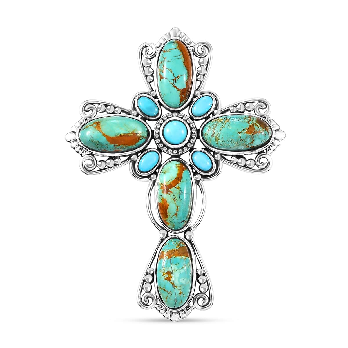 Artisan Crafted Royston Turquoise and Lagoon Turquoise 18.10 ctw Filigree Cross Pendant in Black Oxidized Sterling Silver image number 0