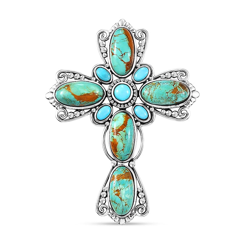 D'Joy Artisan Crafted Royston Turquoise and Sleeping Beauty Turquoise 18.10 ctw Filigree Cross Pendant in Black Oxidized Sterling Silver